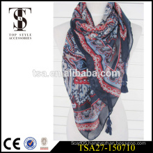 elegant lady 100% polyester scarf silk feel soft square scarve with four big tassels